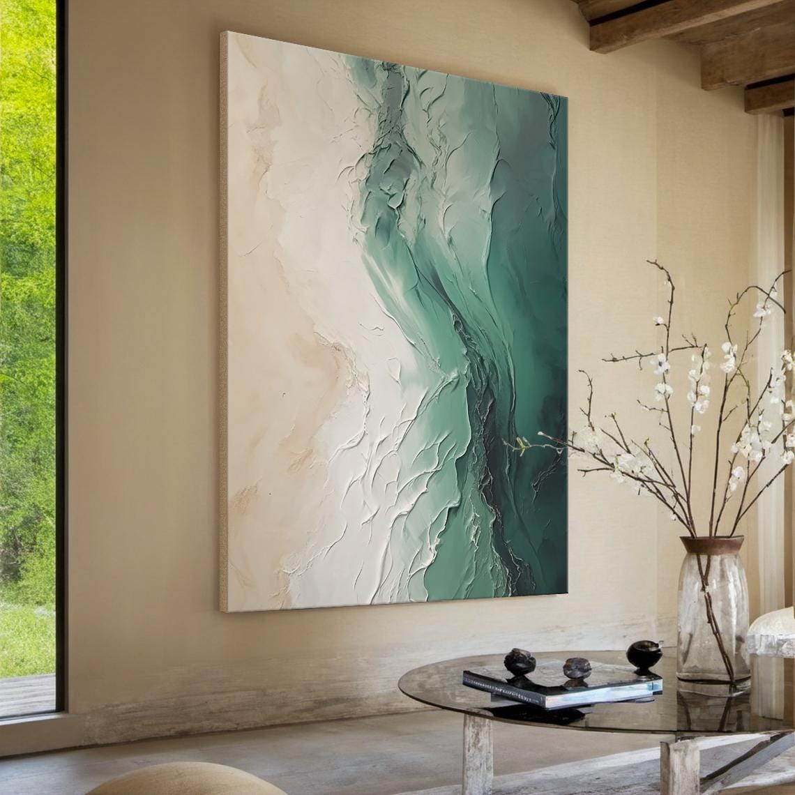 Minimalist 3d Wall Art Green And Beige Abstract Painting Nature Inspired Modern Design Sophisticated Home Interior Decoration - Image 6