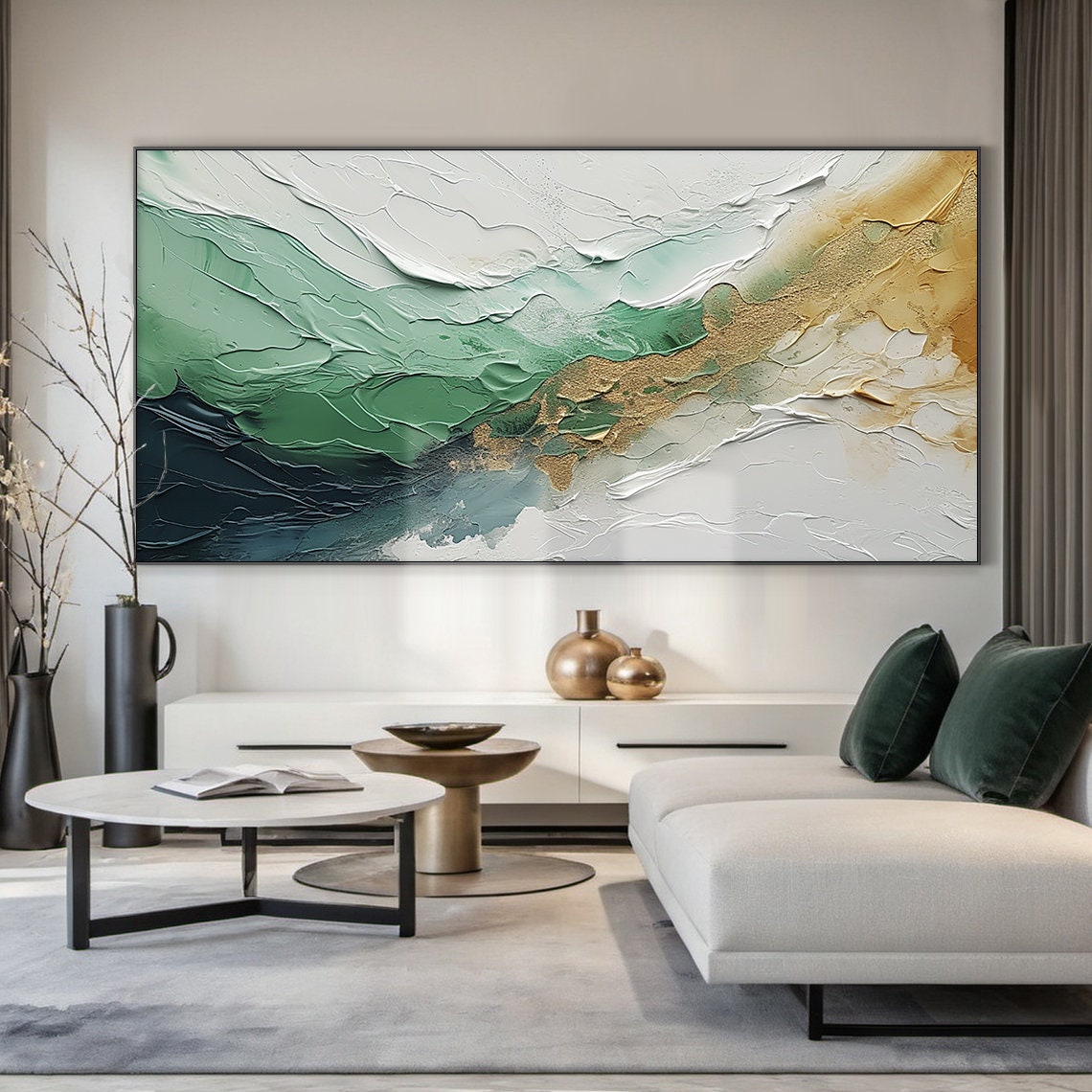 Emerald Green White Gold Wave Texture Abstract Ocean Painting Wall Art - Image 2