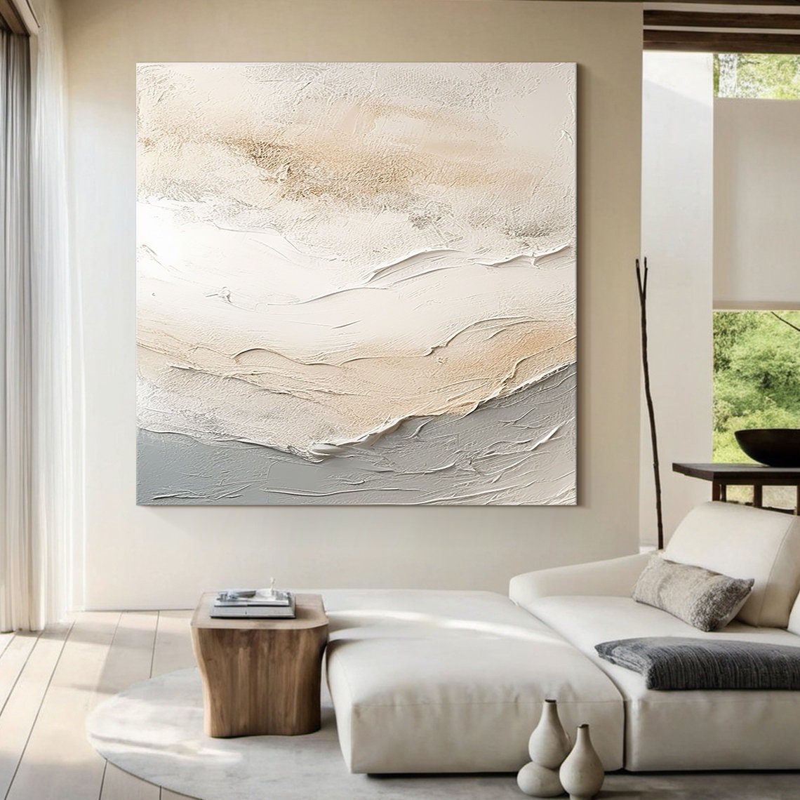White Beige Grey Textured Impasto Abstract Ocean Wave Layers Wall Art - Image 4