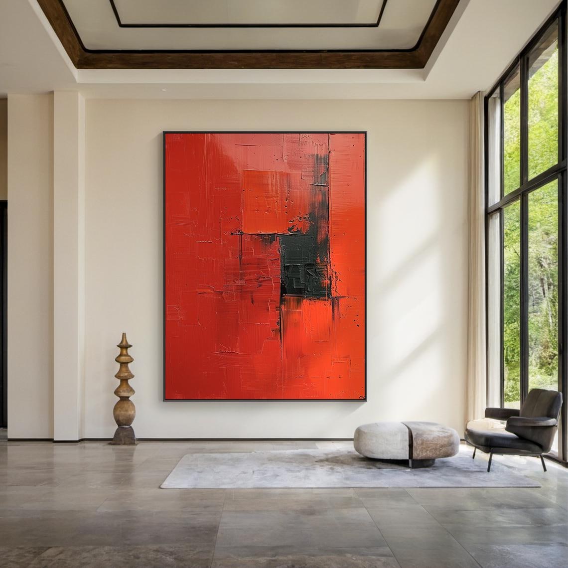 Red Minimalist Abstract Oil Painting, Modern Art Print