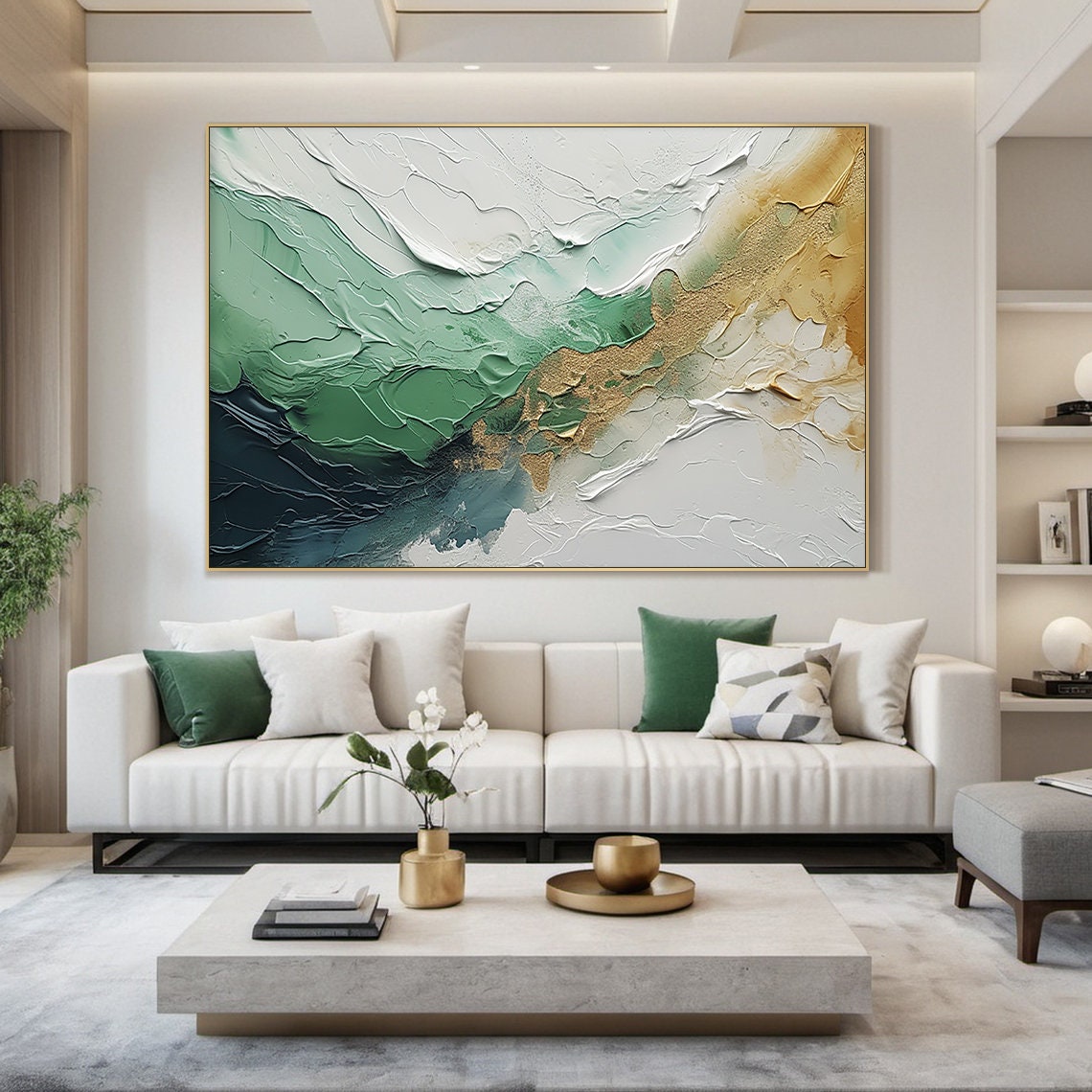 Emerald Green White Gold Wave Texture Abstract Ocean Painting Wall Art - Image 4