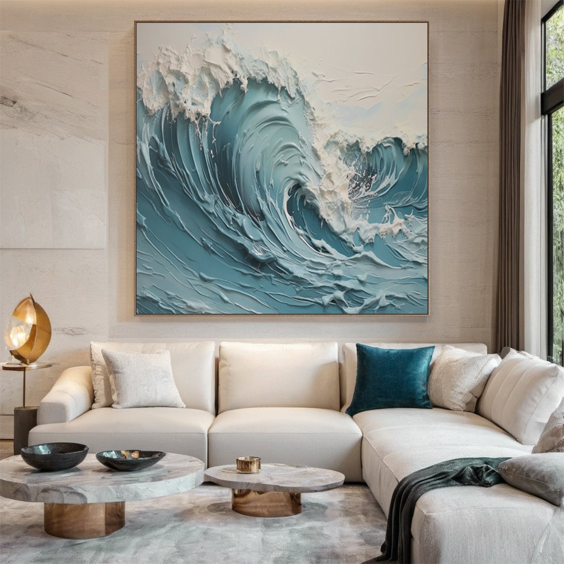 Turquoise Ocean Wave Curling White Foam Oil Painting Textured Poster - Image 3