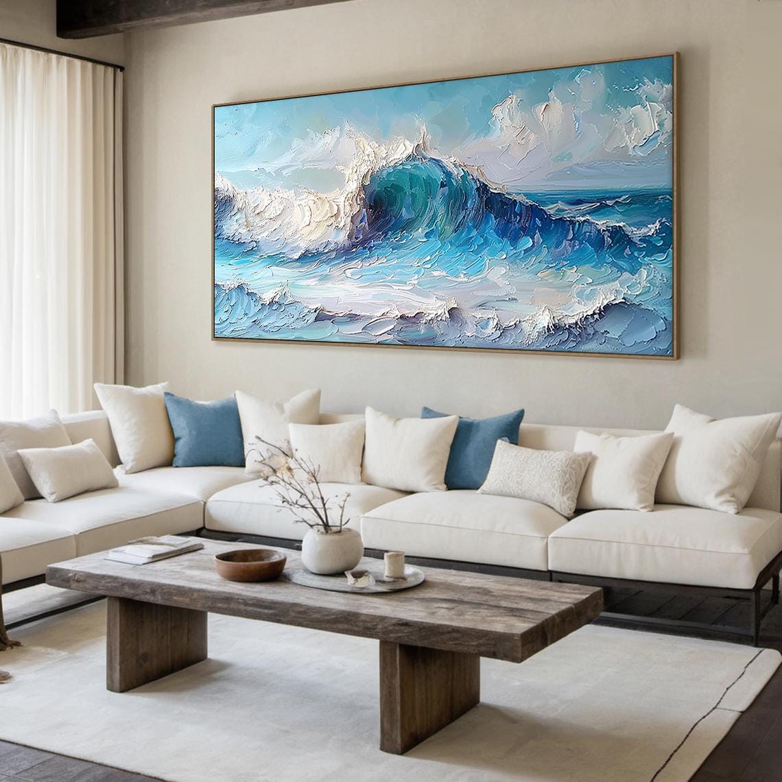 Aqua Blue Ocean Curl Wave Impasto Textured Dramatic Seascape Poster - Image 5