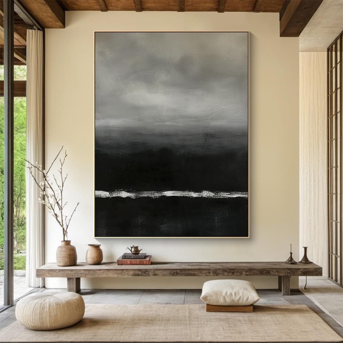 Grey Black Abstract Painting White Horizon Line Moody Modern Wall Art - Image 4