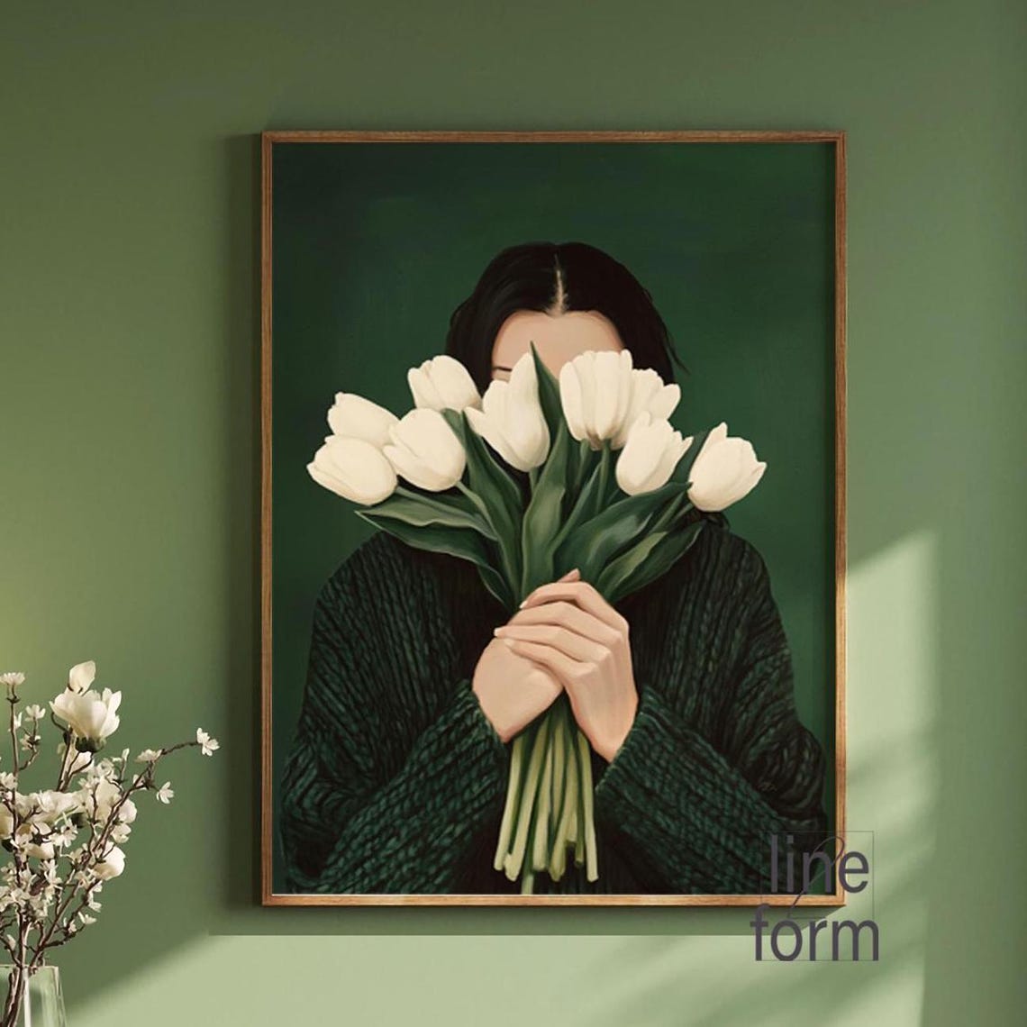 Woman Holding White Tulips Against Deep Emerald Green Art Print