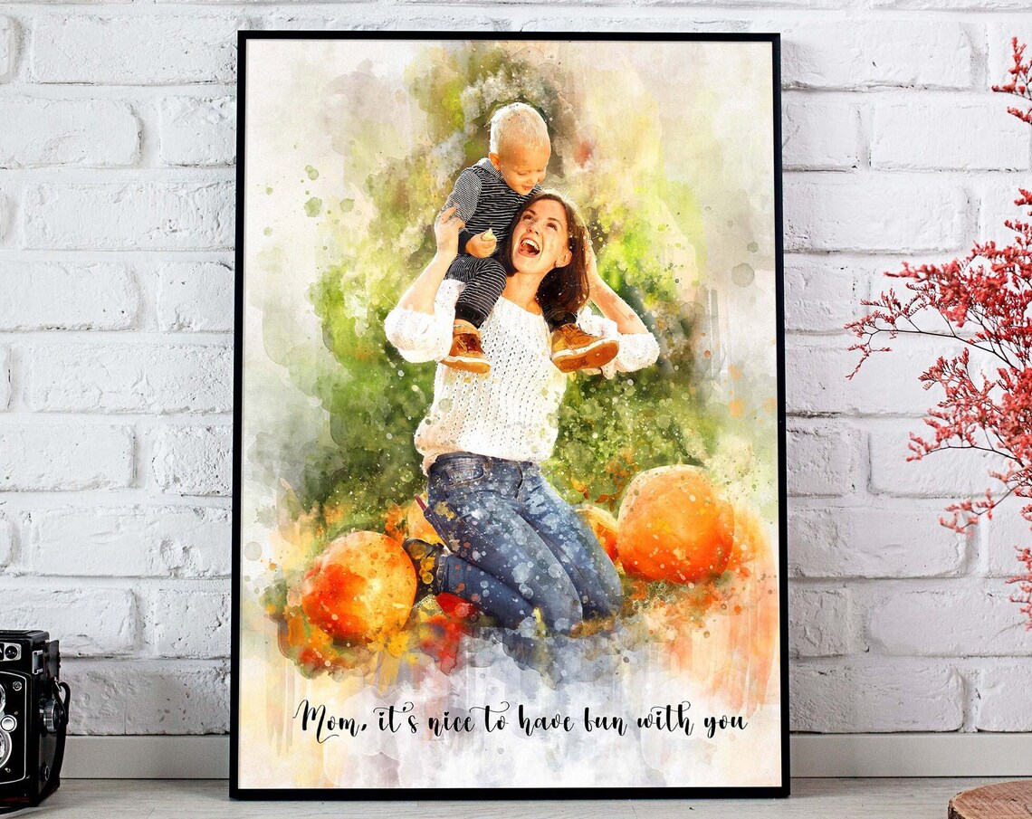 Mom and Child Pumpkin Patch Watercolor Mother Portrait Poster