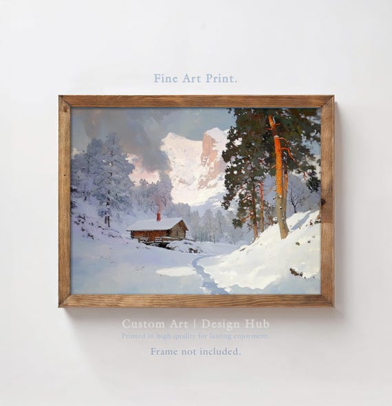 Winter Cabin Landscape Oil Painting Print Snowy Mountain Wall Art Rustic Nature Decor