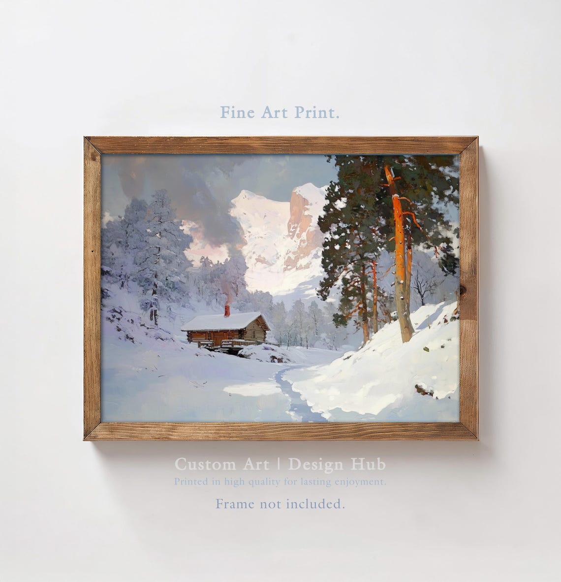 Cozy Snowy Winter Cabin Mountain Log House Oil Painting Wall Art