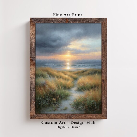 Golden Sunset Beach Dunes Ocean Waves Serene Tranquil Fine Art Print