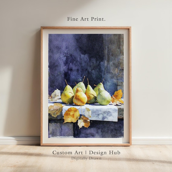 Watercolor Pears Still Life With Golden Autumn Leaves Kitchen Poster