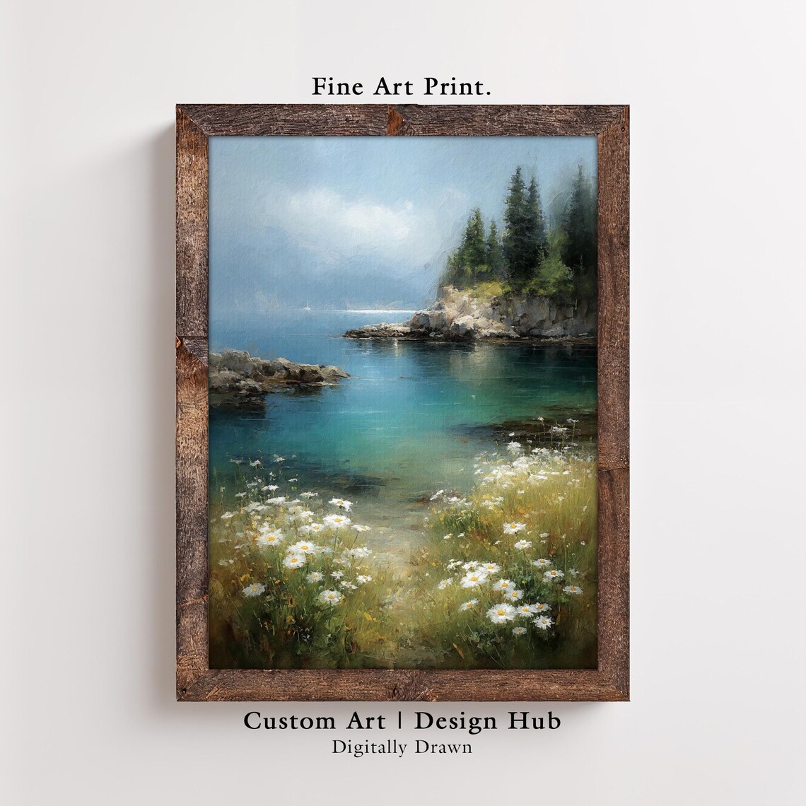 Turquoise Cove With Pine Cliffs and Wildflowers Coastal Painting Poster