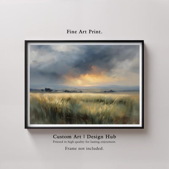 Stormy Field Landscape Print Dramatic Sky Wall Art Countryside Sunset Painting