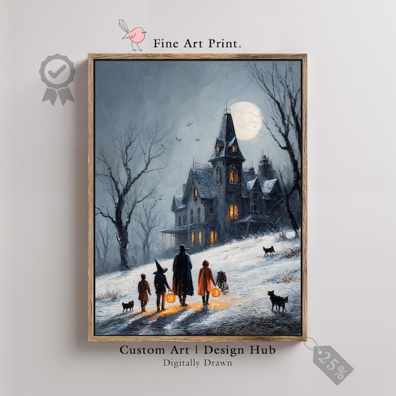 Gothic Haunted House Print Spooky Halloween Mansion Wall Art