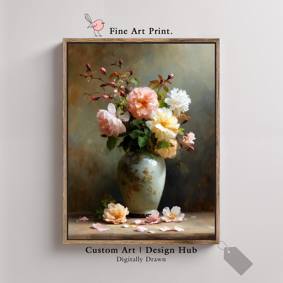 Blush Pink Rose Bouquet Ceramic Vase Vintage Still Life Art Poster