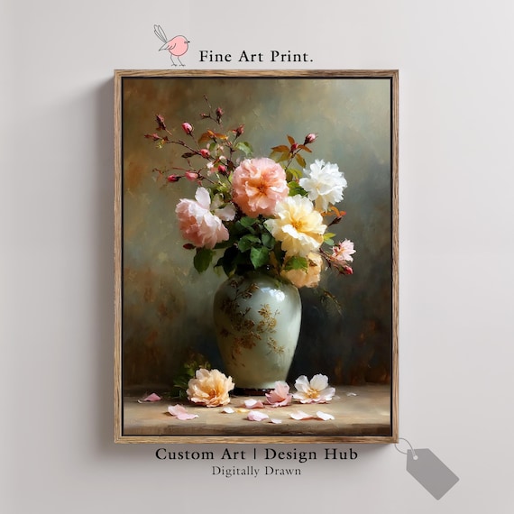 Blush Pink Rose Bouquet Ceramic Vase Vintage Still Life Art Poster