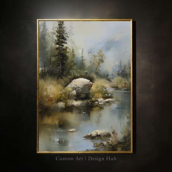 Mountain River Landscape Art Print Rustic Cabin Wall Decor