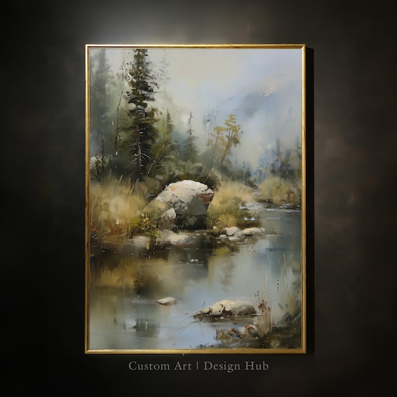Mountain River with Pine Trees Tranquil Forest Landscape Poster