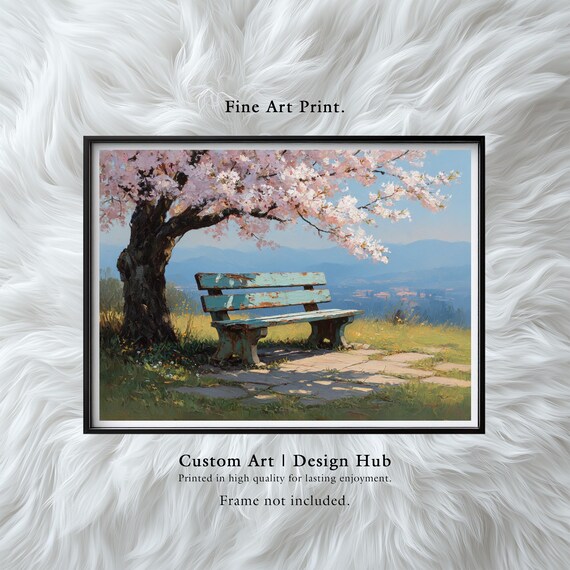 Cherry Blossom Bench Spring Mountain Valley Landscape Art Print