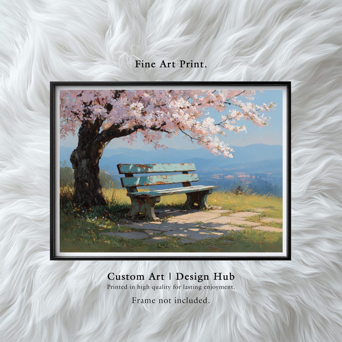Cherry Blossom Bench Spring Mountain Valley Landscape Art Print