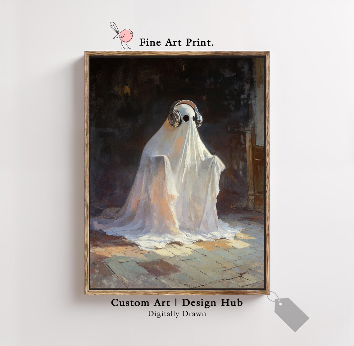 Cute Ghost Wearing Headphones Moody Dark Vintage Oil Painting Style Poster