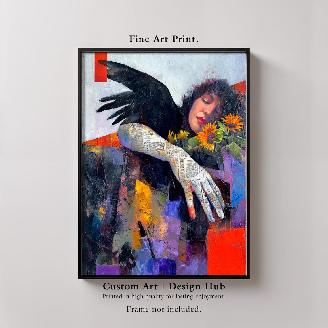 Woman With Sunflowers Abstract Newspaper Collage Colorful Art Print