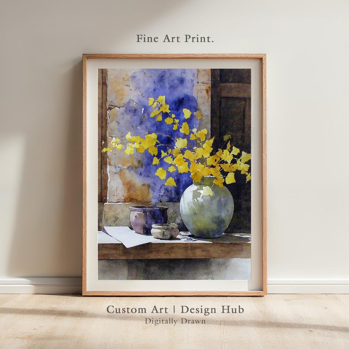 Yellow Blossom Branches Ceramic Vase Watercolor Still Life Poster