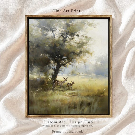Deer And Fawn Meadow Print Vintage Landscape Wall Art