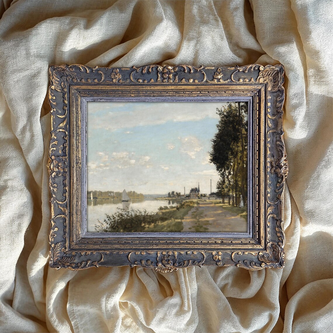 Sailboat on Tranquil River Vintage Landscape Oil Painting Print