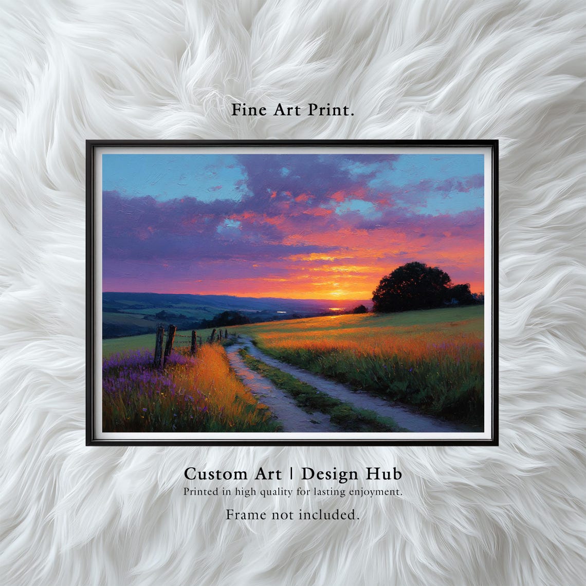 Golden Sunset Fields Dirt Road Fence Dramatic Sky Oil Art Print