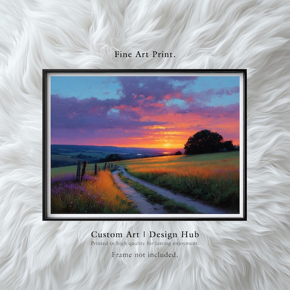 Golden Sunset Fields Dirt Road Fence Dramatic Sky Oil Art Print