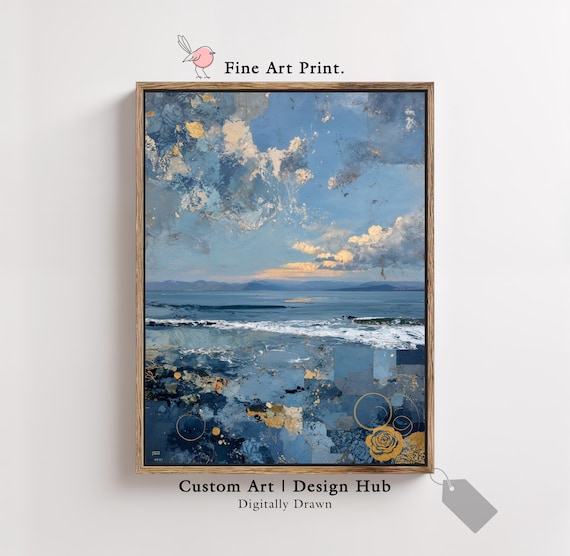 Blue Ocean Waves Abstract Seascape Gold Leaf Coastal Art Poster
