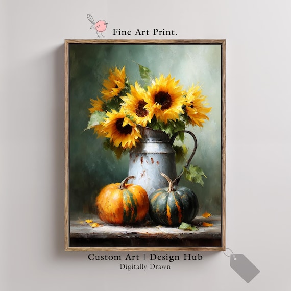 Sunflower Still Life Print Rustic Autumn Botanical Art