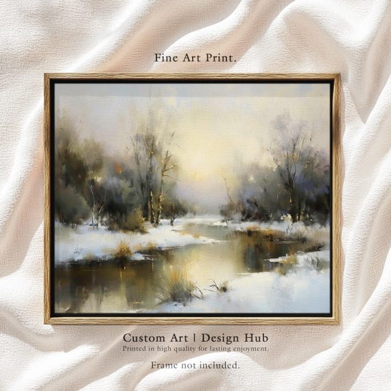Winter River Landscape Art Print Snowy Rustic Home Decor