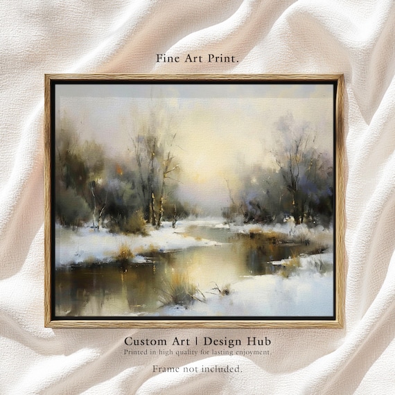 Winter River Snow Landscape Watercolor Poster Soft Misty Stream Scene