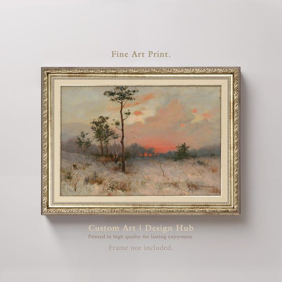 Winter Sunset Landscape Art Print Snowy Forest Vintage Nature Wall Decor