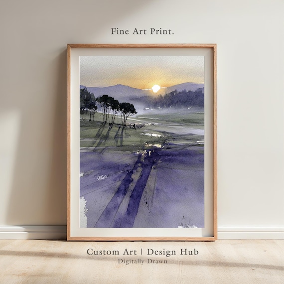 Watercolor Sunrise Over Misty Lavender Fields Morning Light Poster