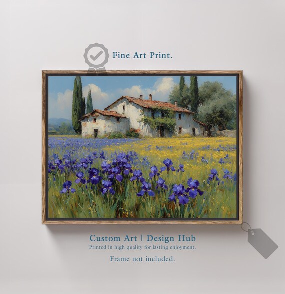 Blue Iris Field White Farmhouse Cypress Trees Impressionist Art Poster