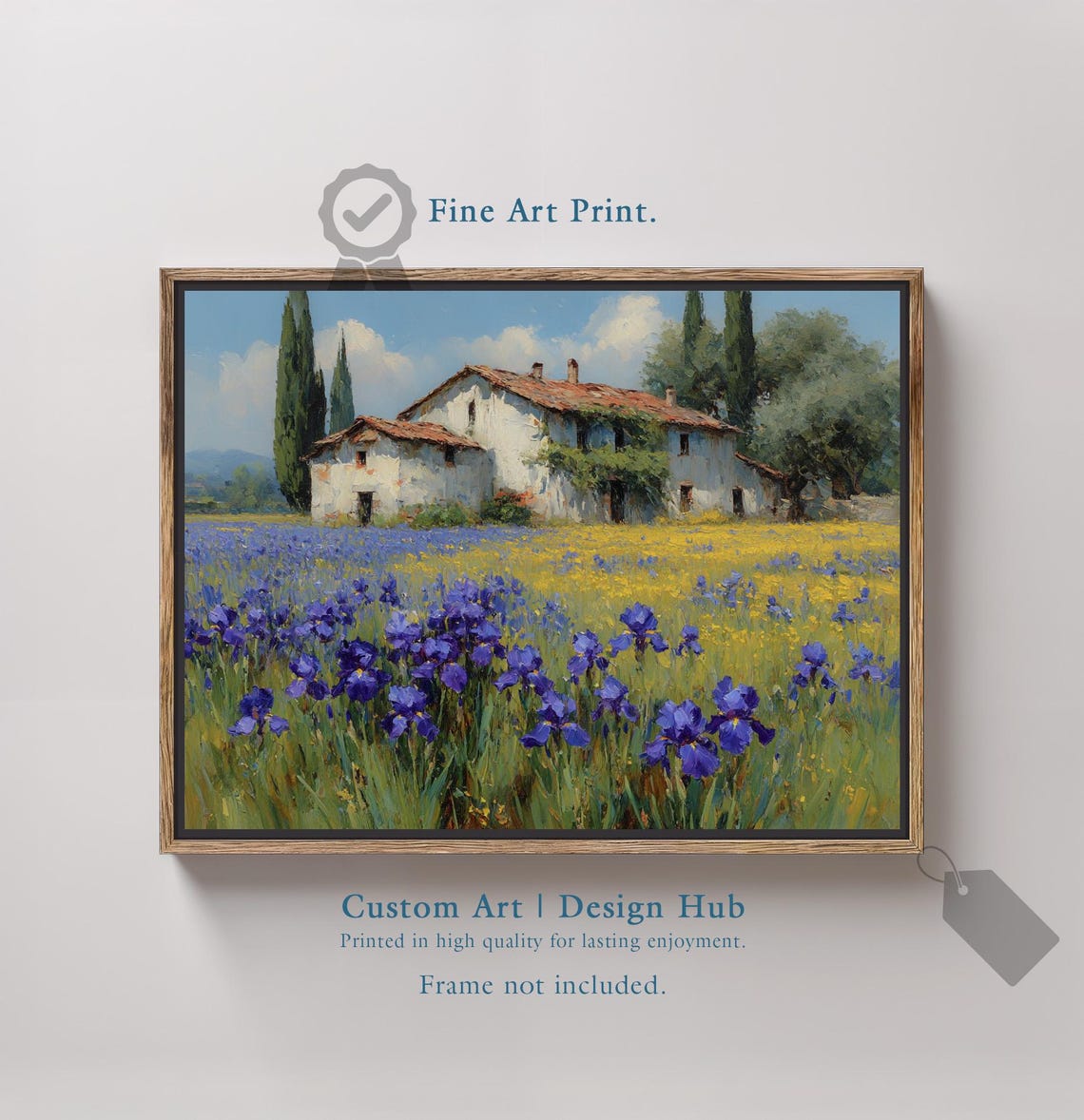 Blue Iris Field White Farmhouse Cypress Trees Impressionist Art Poster
