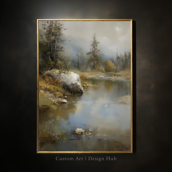 Misty Mountain Lake Pines Oil Painting Serene Forest Reflection Art Poster