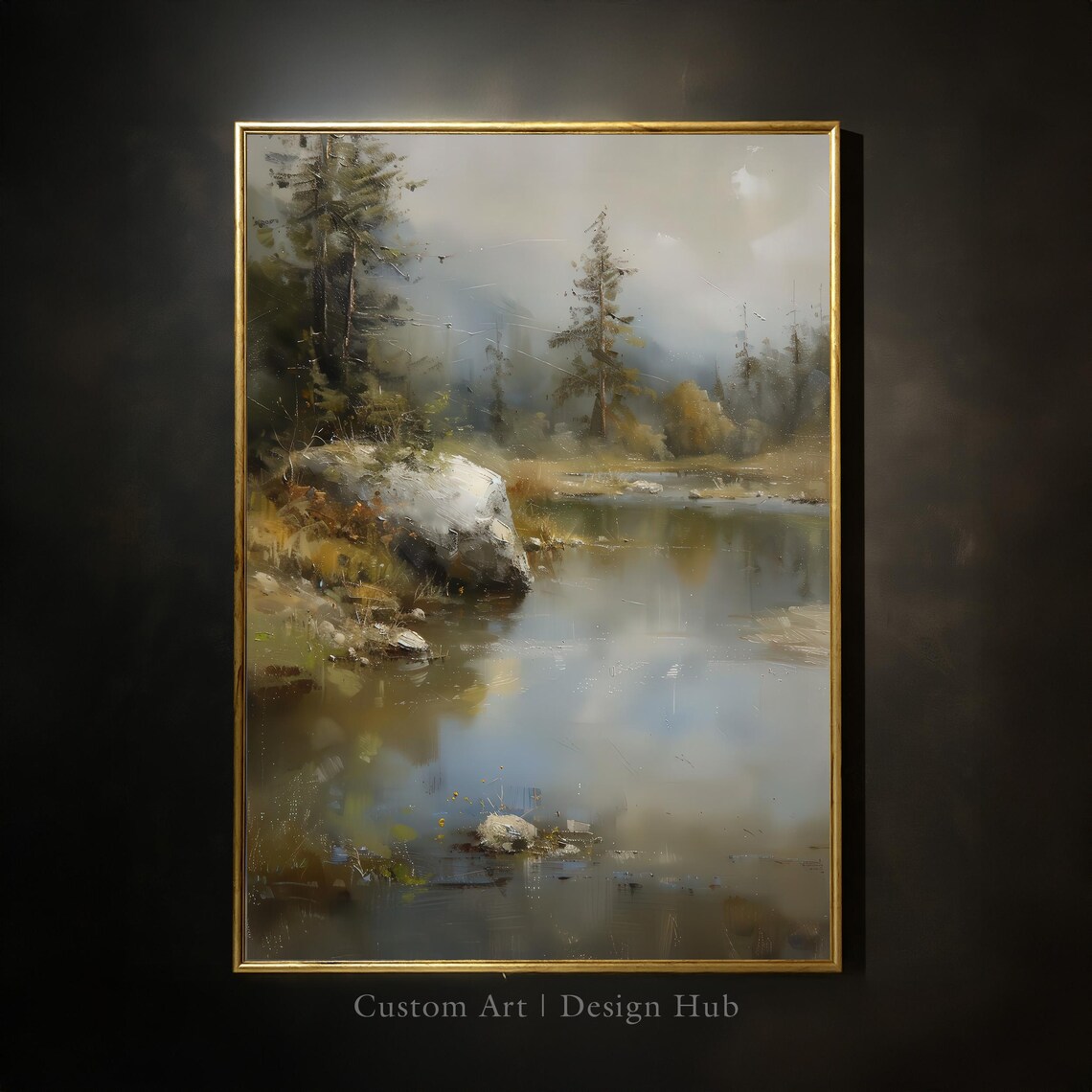 Misty Mountain Lake Pines Oil Painting Serene Forest Reflection Art Poster