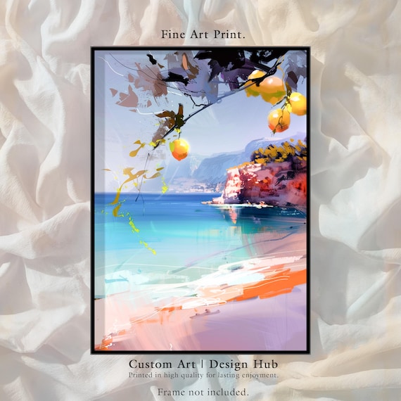 Mediterranean Lemon Cove Poster Turquoise Sea Impressionist Beach Art