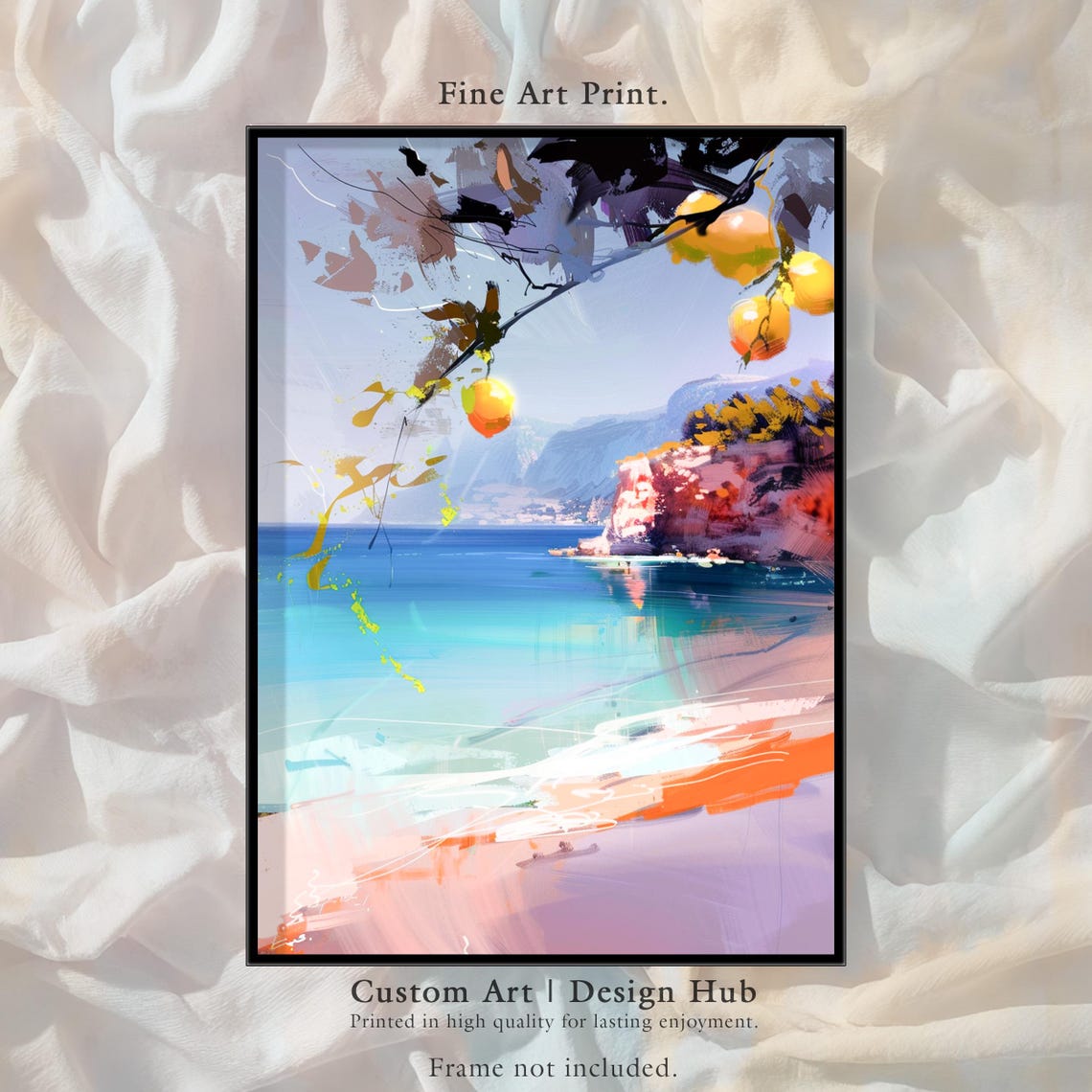 Mediterranean Lemon Cove Poster Turquoise Sea Impressionist Beach Art