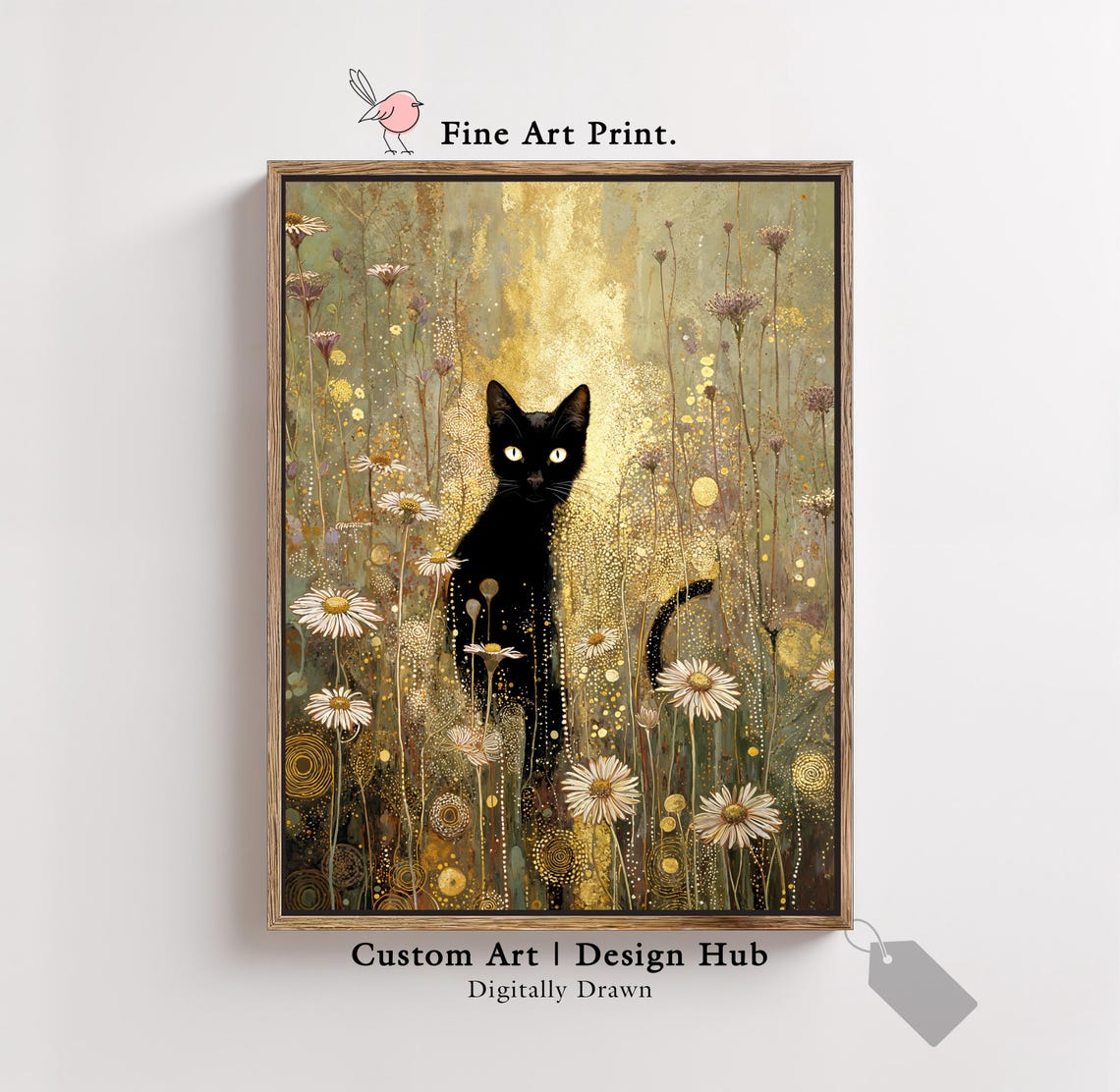 Black Cat In Golden Wildflower Daisy Meadow Whimsical Art Print