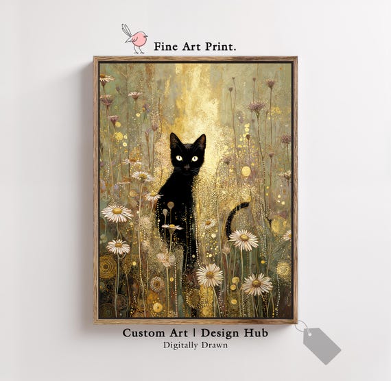 Black Cat In Golden Wildflower Daisy Meadow Whimsical Art Print