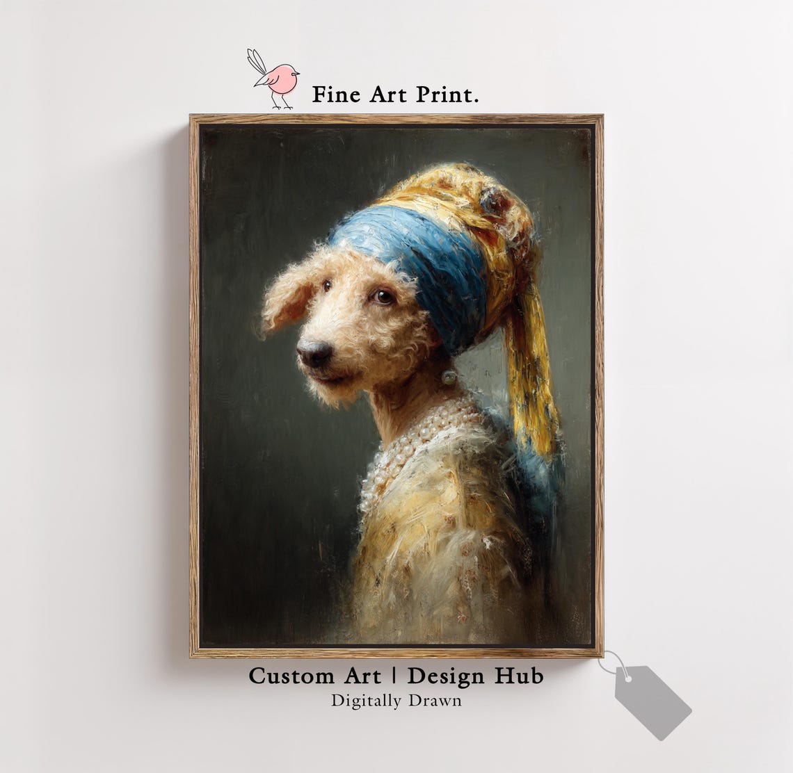Cute Bedlington Terrier as Girl with Pearl Earring Parody Poster
