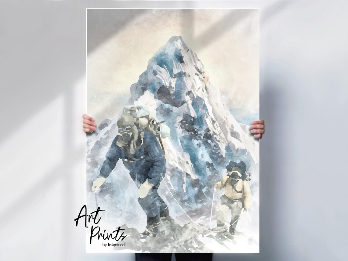 Mount Everest Watercolor Art Print, Hillary & Norgay