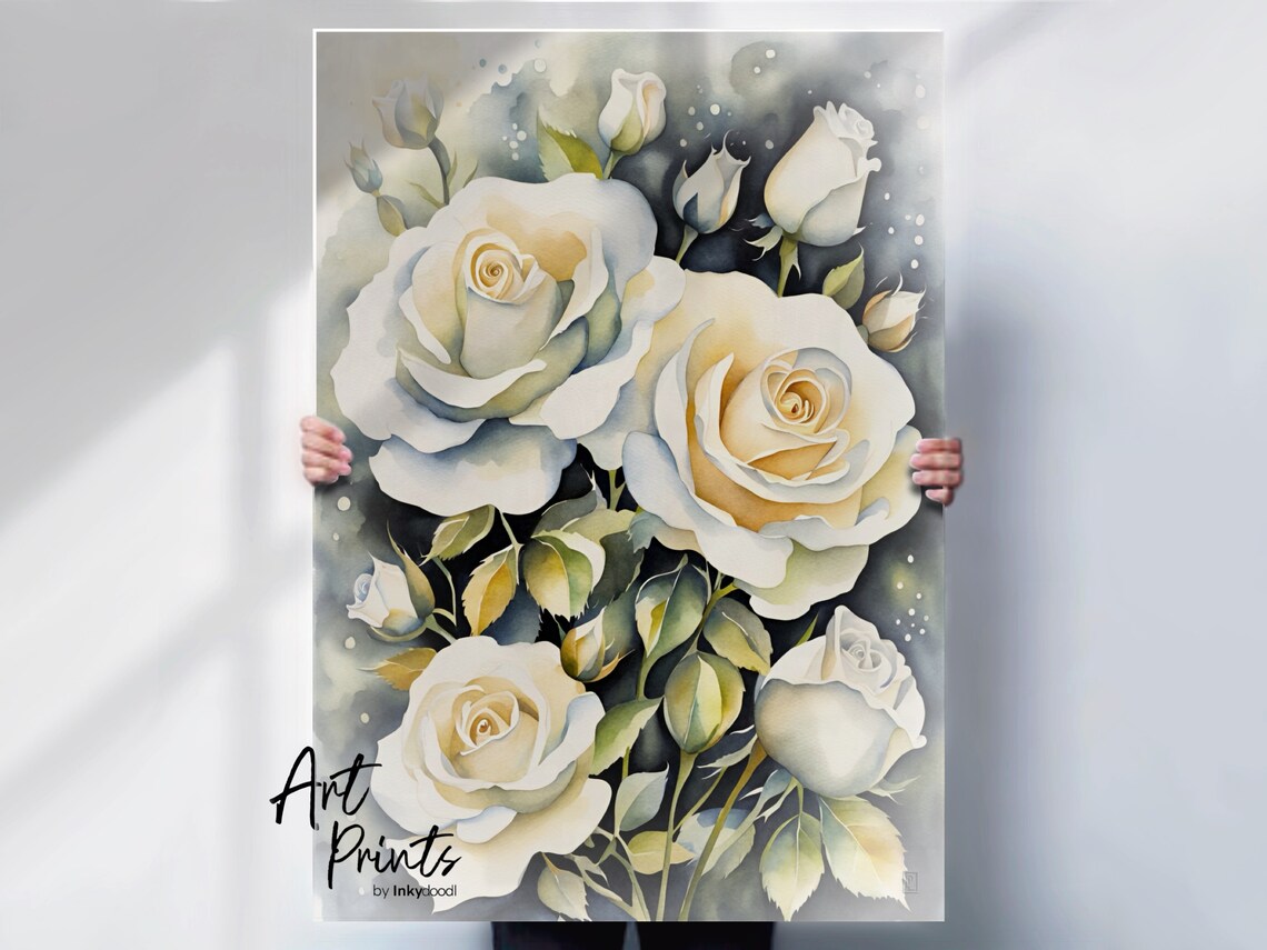 White Roses Watercolor Bouquet Floral Botanical Elegant Bloom Poster