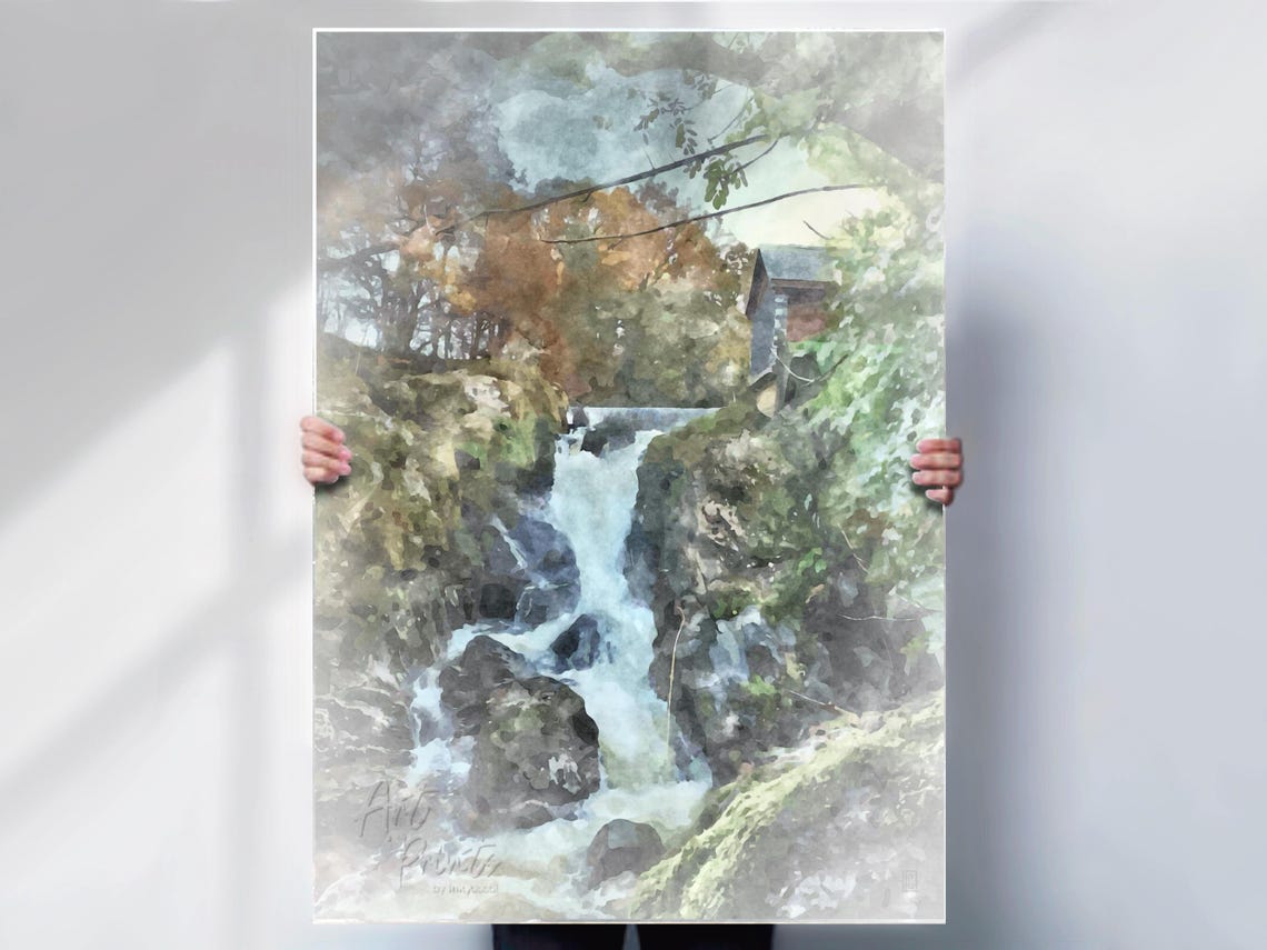 Machno Falls Snowdonia Waterfall Woodland Rocks Watercolour Poster