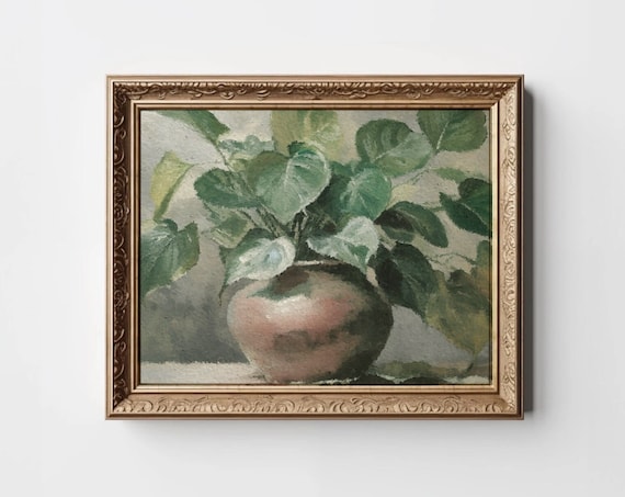 Potted Pothos Plant In Vase Vintage Botanical Oil Painting Wall Art