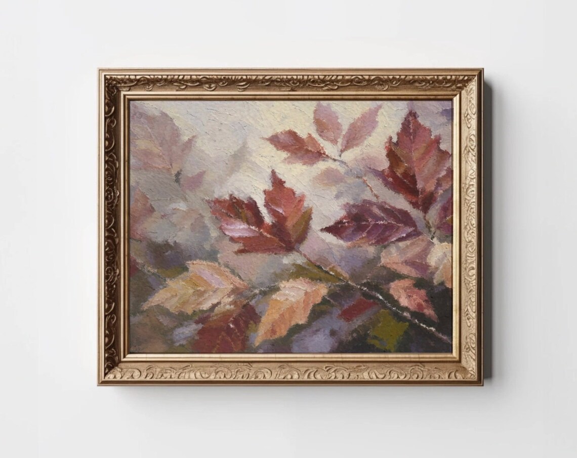 Burgundy Autumn Leaves Oil Painting Rustic Fall Foliage Close Up Print